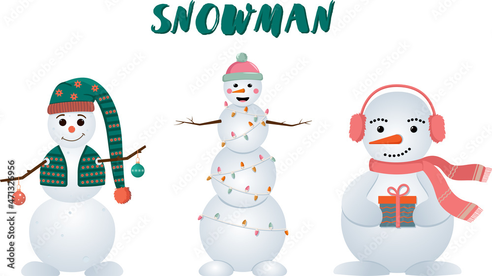a set of three snowmen of different shapes. Vector illustration. Flat illustration.