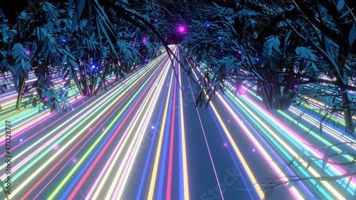 Mystical fantasy Animation Neon Jungle with multi colored lines. Abstract animated motion background. Seamless loop VJ HD background.