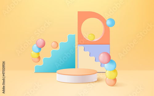 Abstract 3d cylinder pedestal podium with layered wavy shape backdrop Premium Vector.
