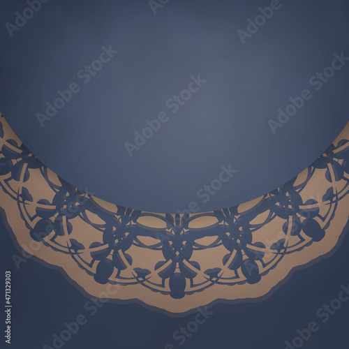 Template Blue postcard with Indian brown pattern prepared for printing.