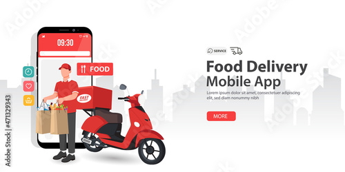 Fast delivery by scooter on smartphone. Order package in E-commerce by app with background white silhouette city . Vector illustration