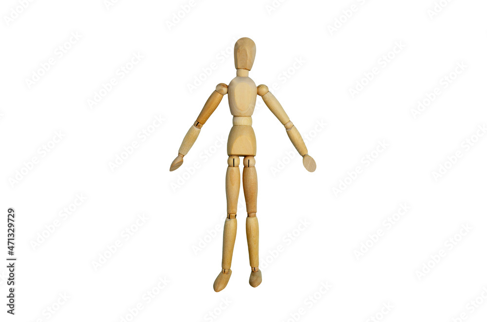 Wooden figure mannequin isolated on white background. Flat lay. Copy space Wooden figure mannequin isolated on white background. Flat lay. Copy space