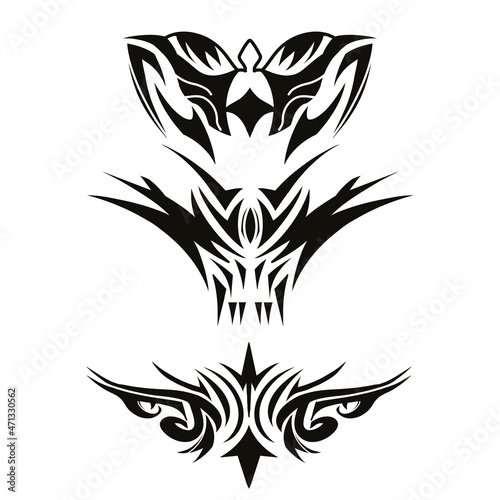 Three tribal tattoo black color on whtie background, abstract illustration art graphic symbol and decorative