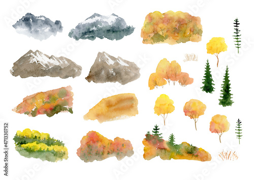 watercolor fall mountain clipart, landscape background clipart, autumn mountain clip art, forest illustration, isolated elements on white background