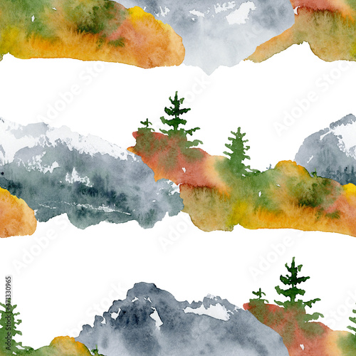 fall mountain digital paper, watercolor fall seamless pattern, fall mountain landscape clipart, autumn mountain background, isolated elements on white background