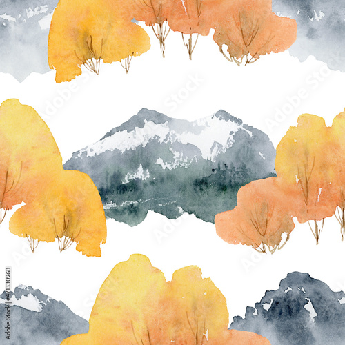 fall mountain digital paper, watercolor fall seamless pattern, fall mountain landscape clipart, autumn mountain background, isolated elements on white background