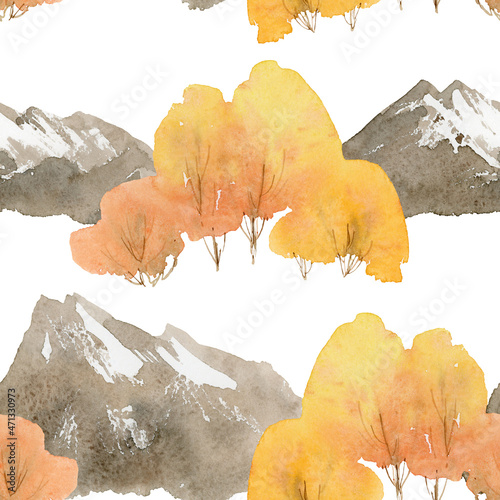 fall mountain digital paper, watercolor fall seamless pattern, fall mountain landscape clipart, autumn mountain background, isolated elements on white background