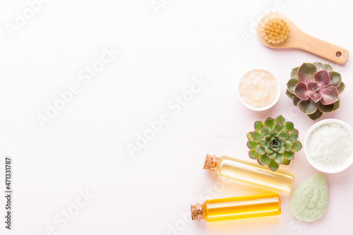 Spa background with handmade bio cosmetic and cactus composition, flat lay, space for a text - Image.