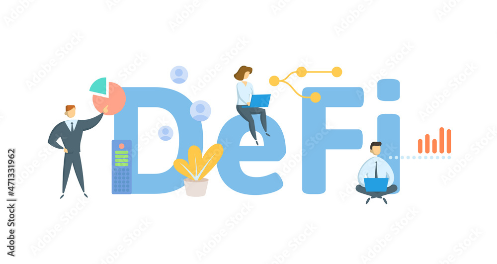 DeFi, Decentralized Finance. Concept with keyword, people and icons. Flat vector illustration. Isolated on white.