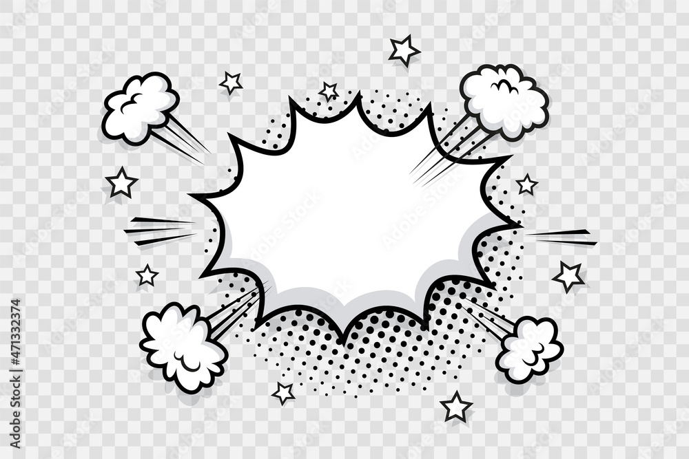 Comic speech bubble with smoke clouds on transparent background. Pop art message shape with speed effect. Balloon text box. Cartoon explosion bomb frame. Funny sky air objects. Vector illustration. - obrazy, fototapety, plakaty 