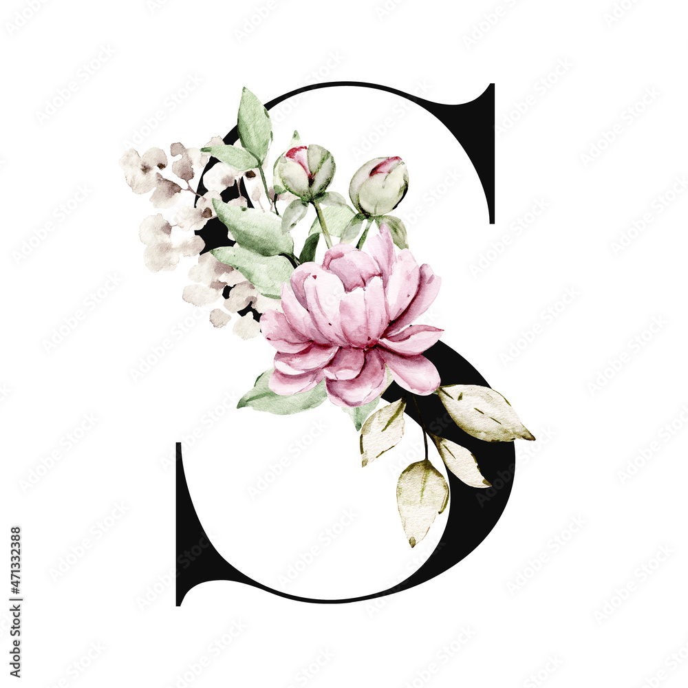 Floral alphabet, letter s with watercolor flowers and leaf. Monogram ...