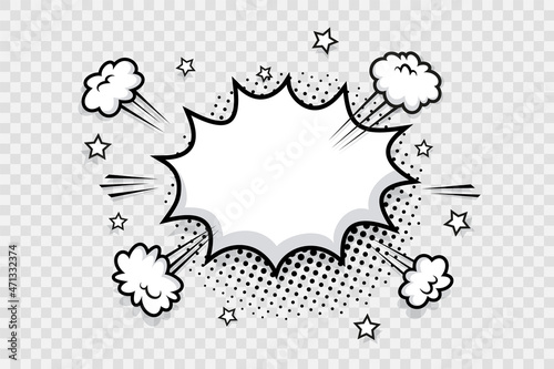 Comic speech bubble with smoke clouds on transparent background. Pop art message shape with speed effect. Balloon text box. Cartoon explosion bomb frame. Funny sky air objects. Vector illustration.