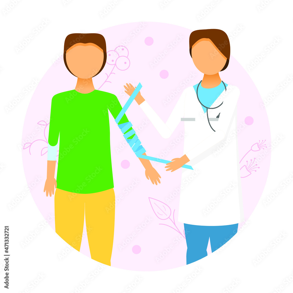 Abstract Flat Man Doctor Bandages Another Man's Hand With Bandages Help First Aid Cartoon People Character Concept Illustration Vector Design Style Abstract Flat Man Doctor Bandages Another Man's Hand With Bandages Help First Aid Cartoon People Character Concept Illustration Vector Design Style