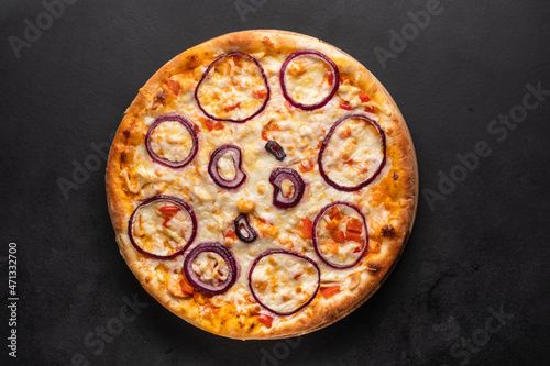 Delicious homemade pizza topped with red onion rings. 