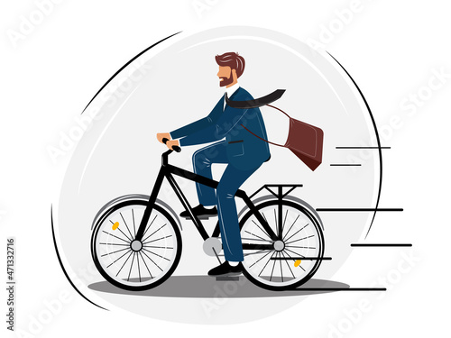 Happy young man riding a bicycle. On the way to office. Man riding a bicycle in hurry.