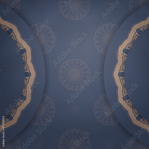 Template Postcard in blue color with an abstract brown pattern prepared for printing.
