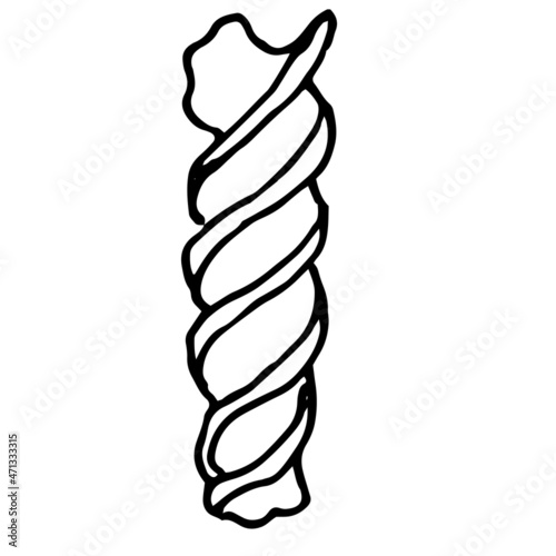 Fusilli paste icon. drawing of a dry short paste twisted into a spiral. Vector element of one dry paste, drawn isolated black outline in sketch style. italian fusilli for packaging