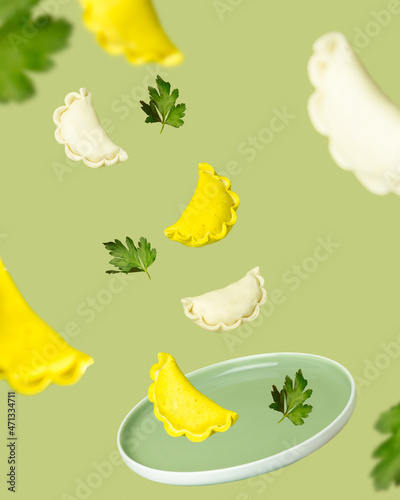 Colored dumplings and parsley soar over a plate green background 