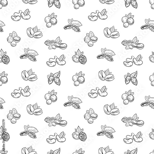 seamless pattern  NUTS  different nuts  black and white outline illustration.