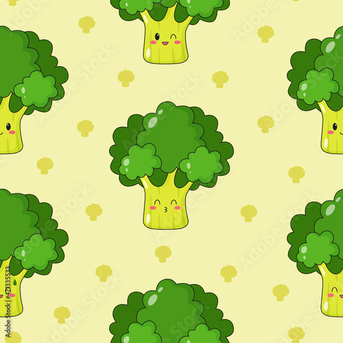 Seamless pattern of cute kawaii broccoli. Vegetable print with different emotions of broccoli. Flat vector.