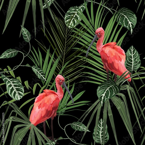 Birds Scarlet Ibis in the thickets with palm leaves. Hand drawn  illustration. Tropical jungle on black background.