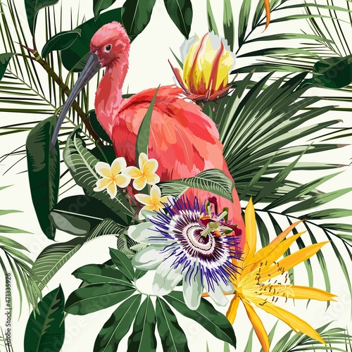 Birds Scarlet Ibis in the thickets with palm leaves and exotic flowers. Hand drawn  illustration. Tropical jungle on white background.