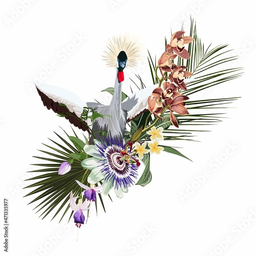 Tropical Invitation, floral invite thank you, rsvp modern card Design. Tropical bouquet with exotic Crane bird and green leaves, palms and flowers.