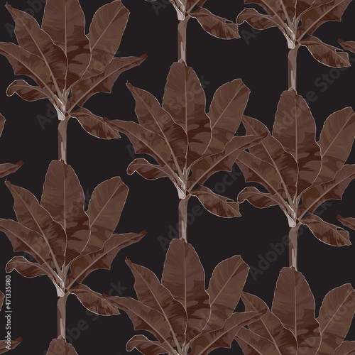 Abstract foliage seamless pattern, bananas tree, plants and leaves in brown colors on black background.