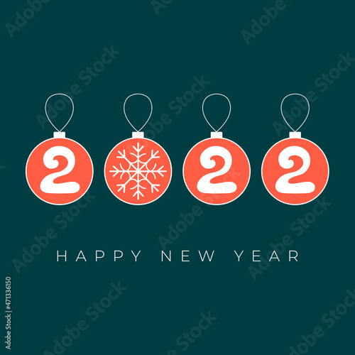 Vector square format Happy New Year 2022 greeting card. Christmas balls
