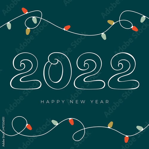 Vector square format Happy New Year 2022 greeting card. Christmas lights frame
