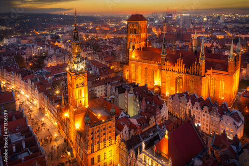 Beautiful architecture of the old town in Gdansk at dusk. Poland.
