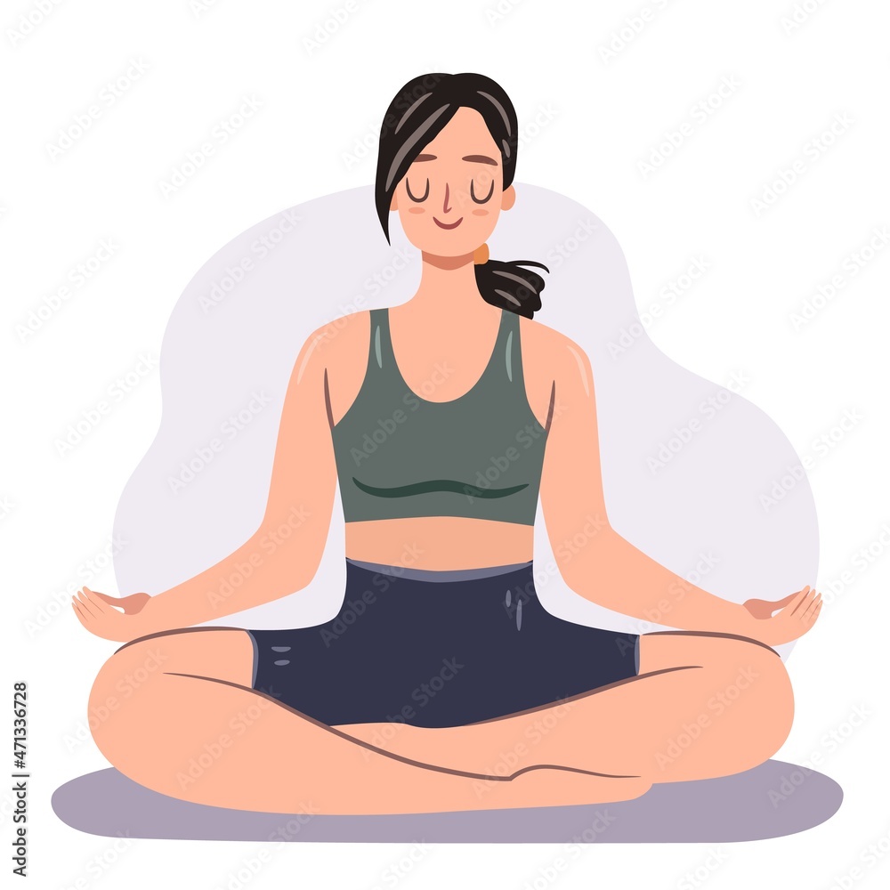 Vector illustration with meditating woman in lotus yoga pose with