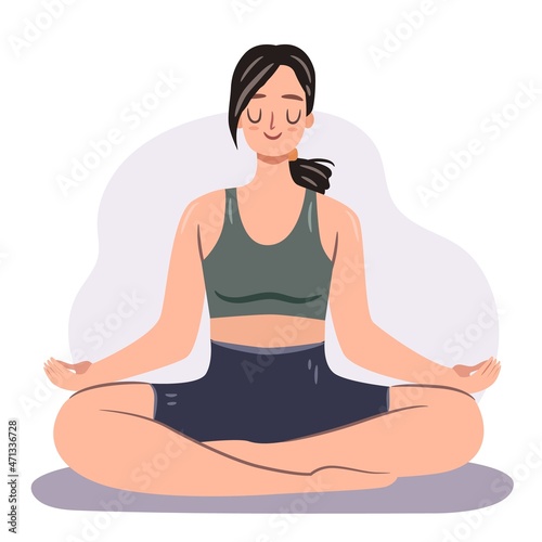 Girl doing yoga lotus pose. Happy meditating woman vector illustration.
