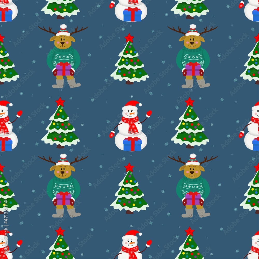  Pattern with snowman,Christmas tree,deer with gifts on a blue background.