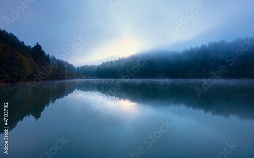 Morning evaporation of water over the lake - Autumn landscape with Karagol (Black lake) - A popular destination Black Sea, Savsat, Artvin