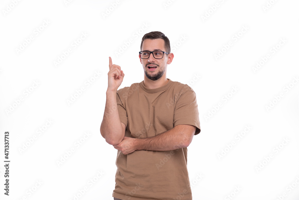 Fototapeta premium Man Showing Finger Up Isolated Smilling. Man Wearing glasses. Man With Good Idea Gesture. Idea Symbol