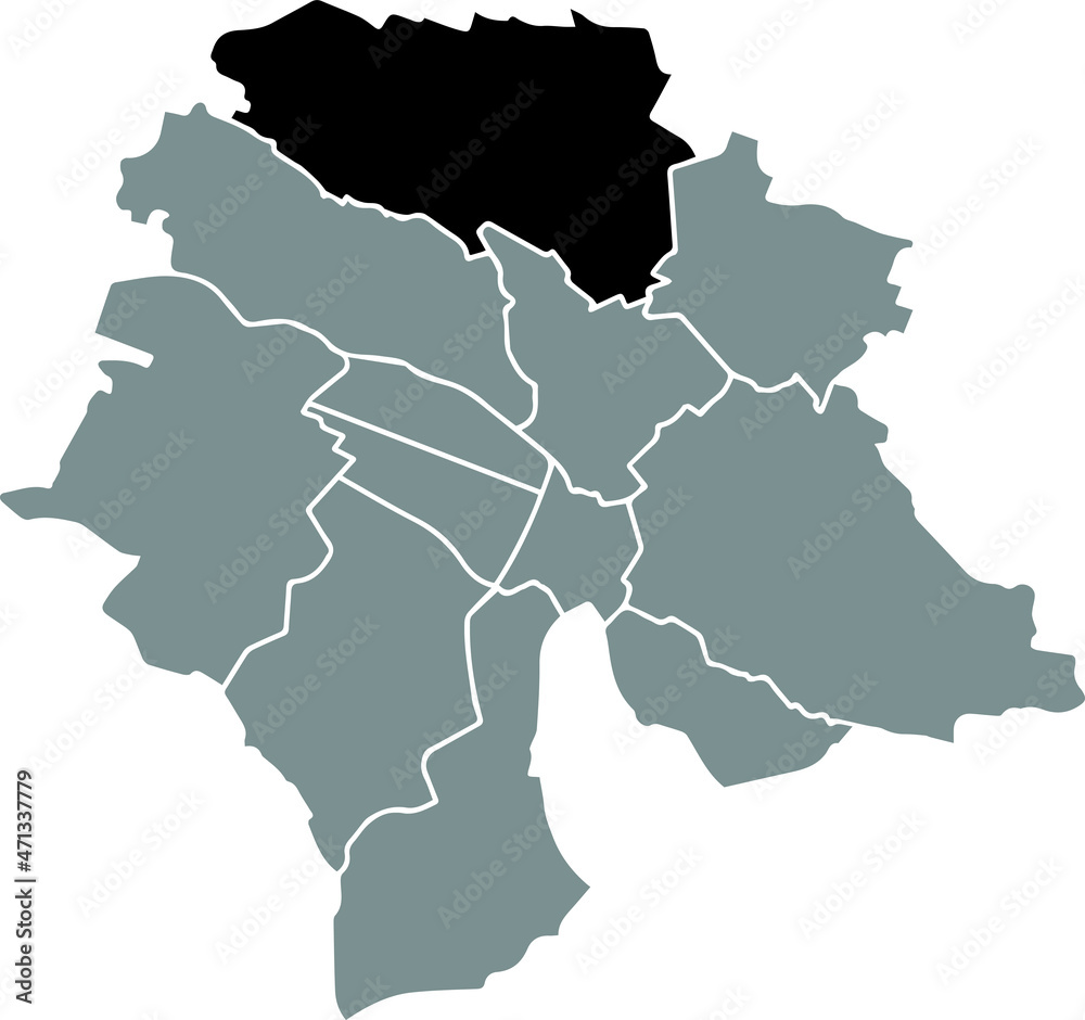 Black location map of the Kreis 11 District inside gray urban districts map of the Swiss regional capital city of Zurich, Switzerland