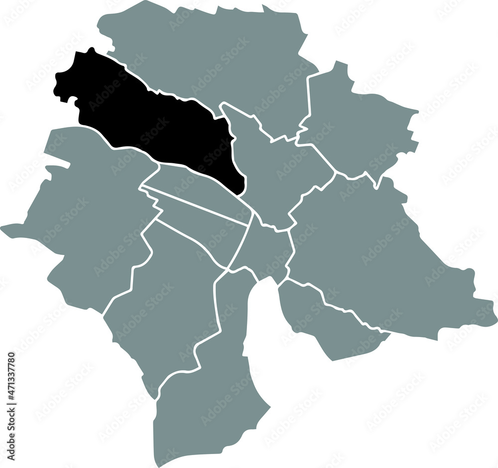 Black location map of the Kreis 10 District inside gray urban districts map of the Swiss regional capital city of Zurich, Switzerland