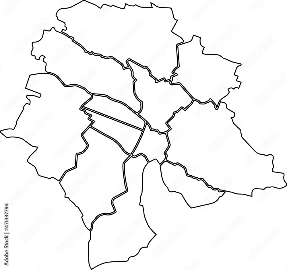 Simple blank white vector map with black borders of urban city districts of Zurich, Switzerland