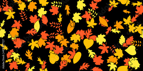 Vector background with red  orange and yellow falling autumn leaves. Abstract seamless pattern from different leafs. Vector illustration on black background