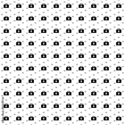 Square seamless background pattern from black first aid symbols are different sizes and opacity. The pattern is evenly filled. Vector illustration on white background