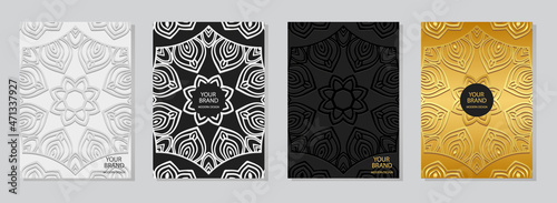 Set of cover design, vertical templates.Geometric 3D pattern, ethnic beautiful collection of floral embossed backgrounds with folk art elements. Eastern, Indian, Mexican, Aztec style.