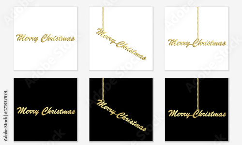 Merry Christmas text of gold metal hanging on chain. Set of isolated elements on white and black, realistic 3D effect. Vector golden lettering for winter holidays jewelry design, greeting card.