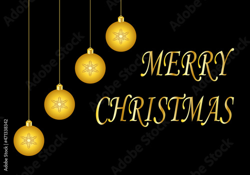 Felicitación navideña  con bolas de Navidad en escalera, copos de nieve en blanco  y el texto Feliz Navidad en dorado sobre fondo negro