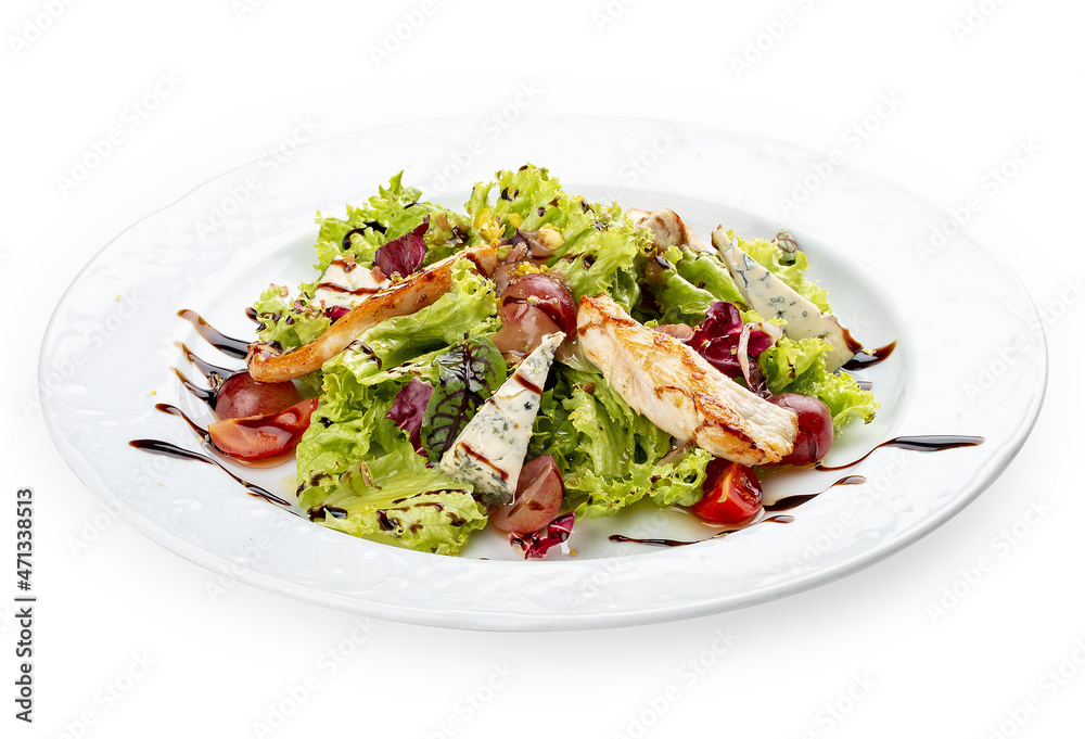 Salad with chicken fillet, dor blue cheese and pistachios. Isolated on a white background. Salad with chicken fillet, dor blue cheese and pistachios. Isolated on a white background.