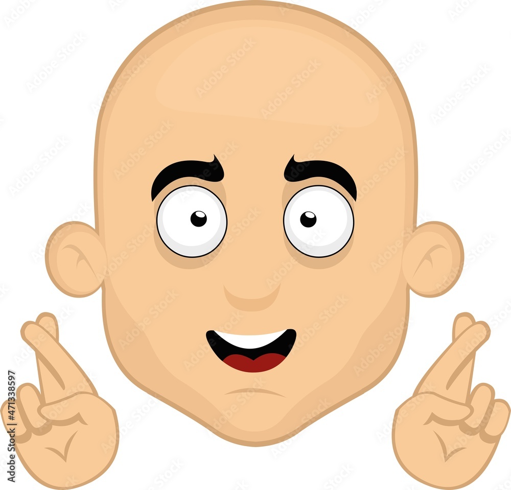Vector illustration of the face of a cartoon bald man, crossing his fingers in the concept of good luck