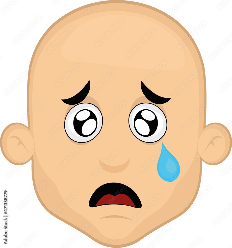 Vector illustration of the face of a cartoon bald man with tearful eyes and a tear falling Vector illustration of the face of a cartoon bald man with tearful eyes and a tear falling