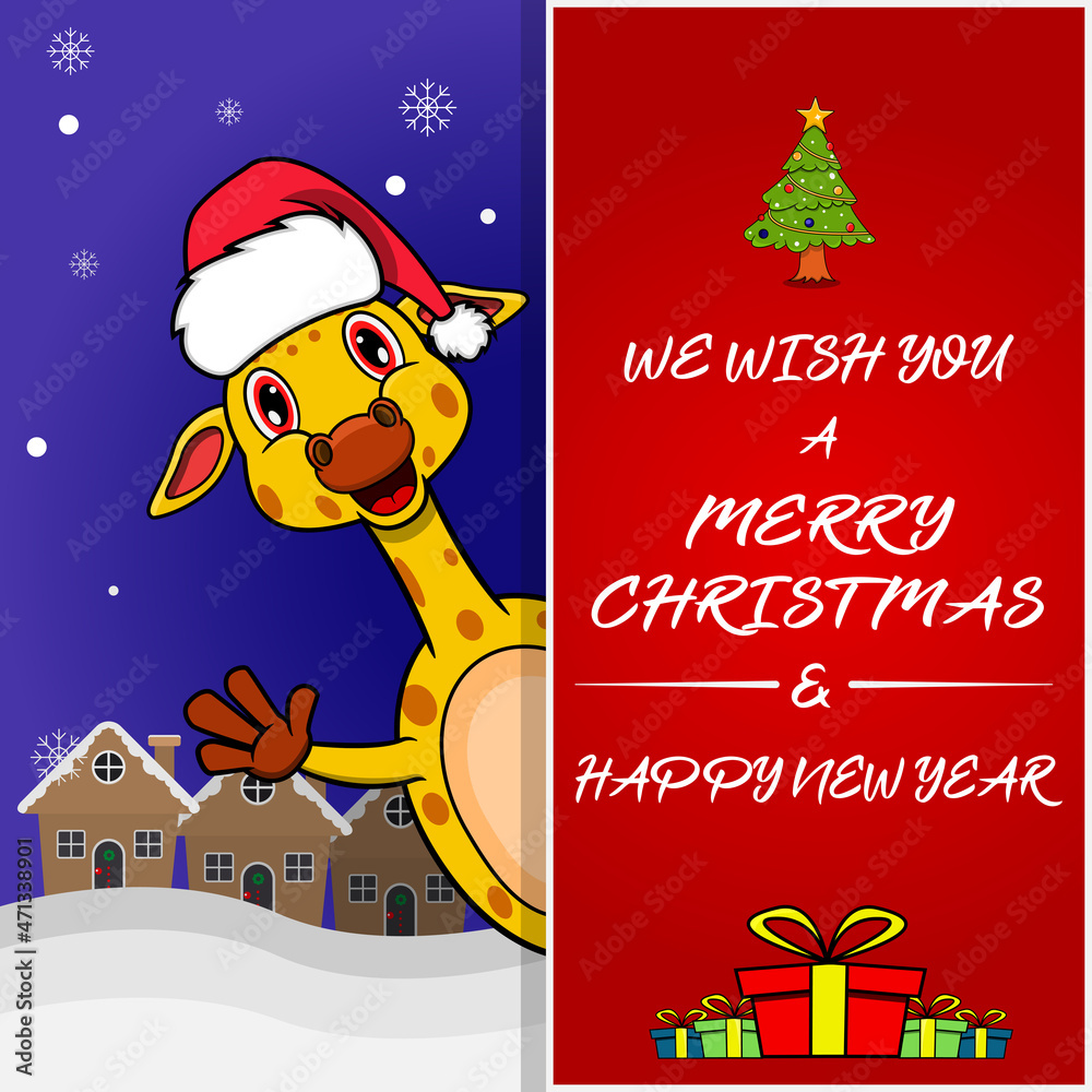 Merry Christmas Greeting Card, Flyer, Invitation, and Poster. Cute Giraffe Character Design Wearing Hat. Merry Christmas Greeting Card, Flyer, Invitation, and Poster. Cute Giraffe Character Design Wearing Hat.