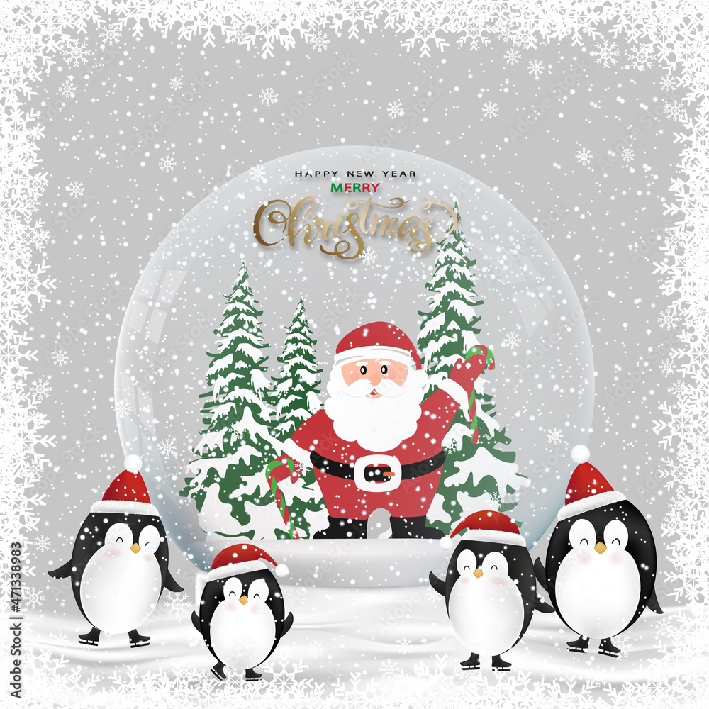 Christmas Globe 2022 Merry Christmas Gift Snow Globe With Santa Claus, Inside,Penguinon Playing  On Snow,Winter Wonderland Scenery With Glass Snow Ball 3D Design On Grey  Background, New Year 2022 Stock Vector | Adobe Stock