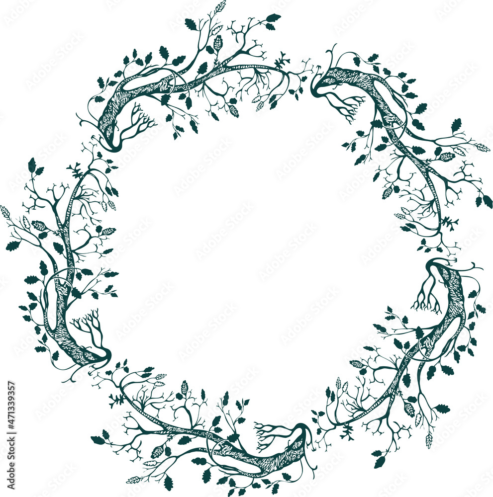 Fototapeta premium Decorative round border from silhouettes curved fantasy trees